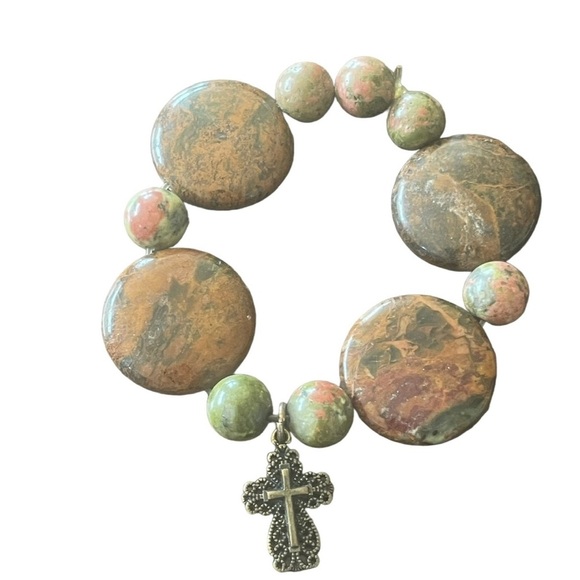 Polished Stone Cross Stretch Bracelet Christian Bohemian Natural Christ - Picture 2 of 3